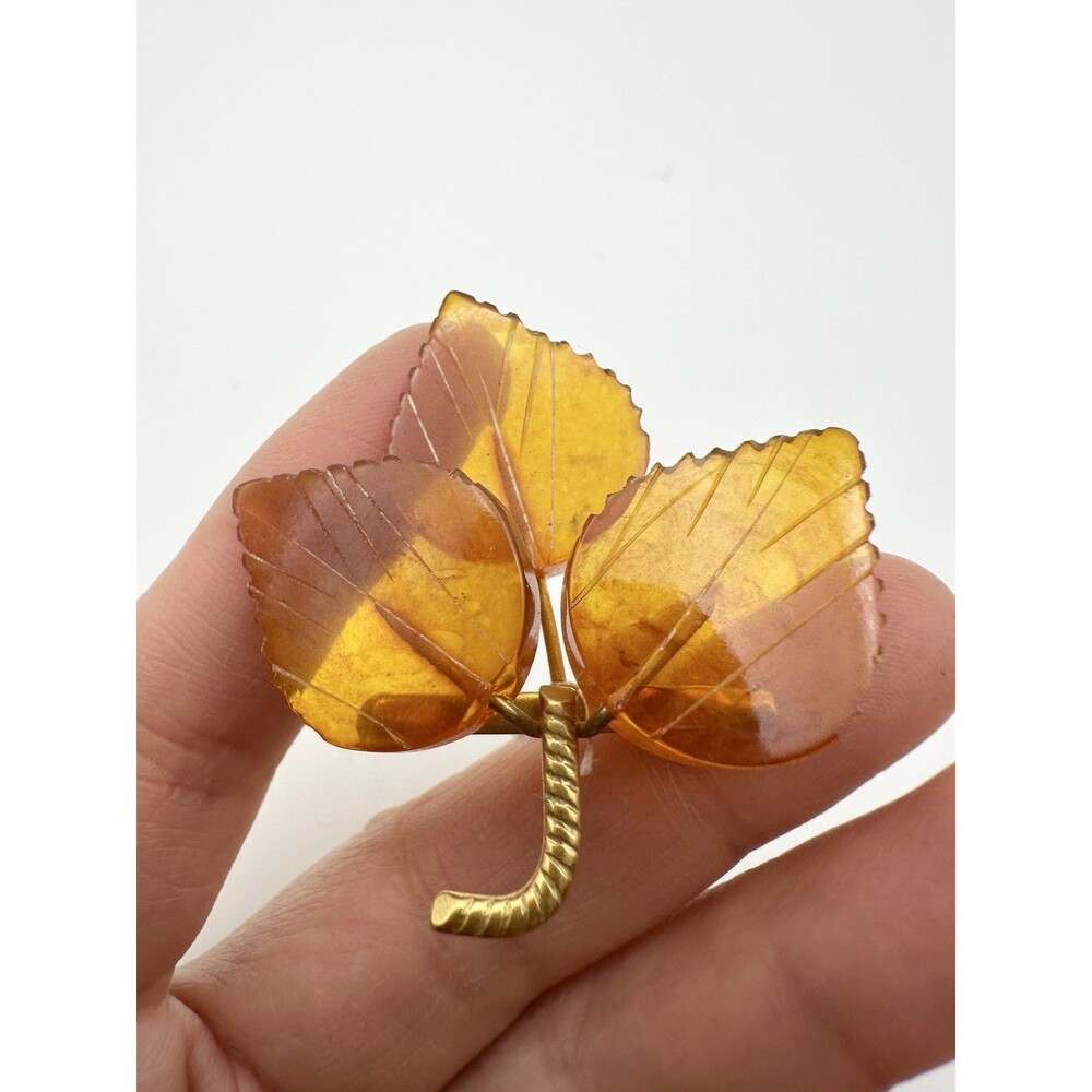Vintage Carved Amber Maple Leaf Pin Brooch Fall Color